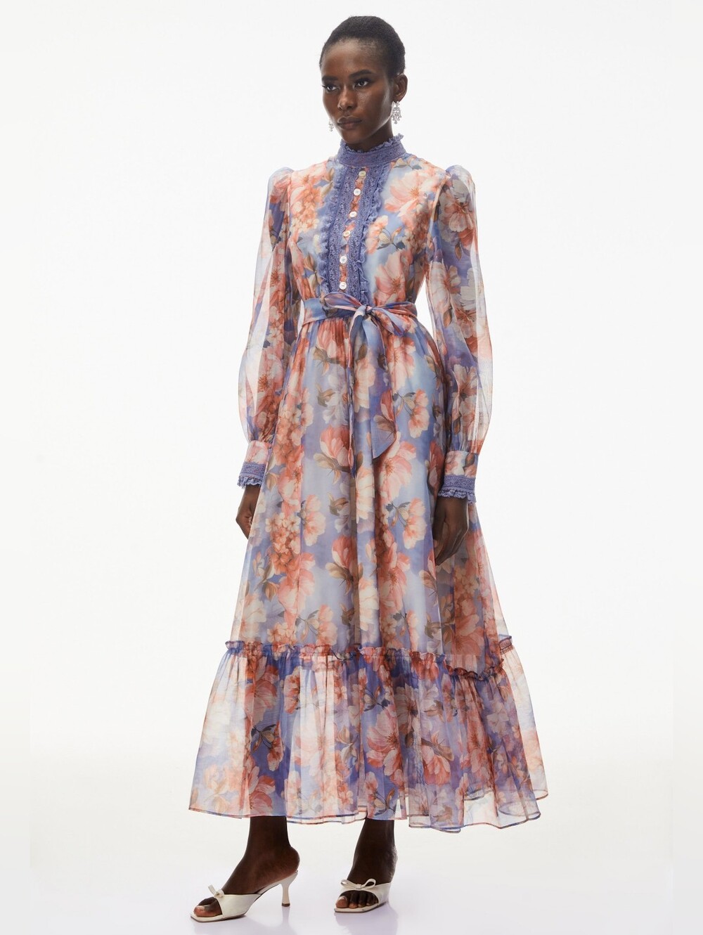 Beulah Lavender and Coral Floral Lace-Trim Maxi Dress